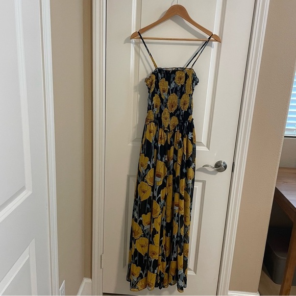 Free People Floral Sophia Jumpsuit Flowy Wide Leg Black and Yellow Boho Size XS - Picture 3 of 12